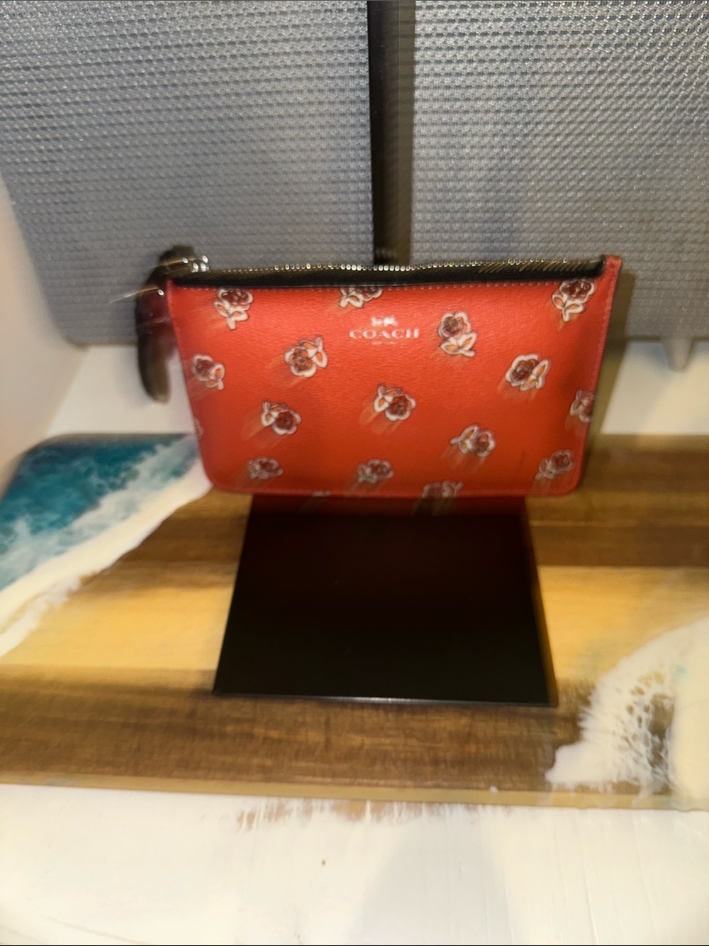 COACH Red Floral Leather Wristlet Clutch
